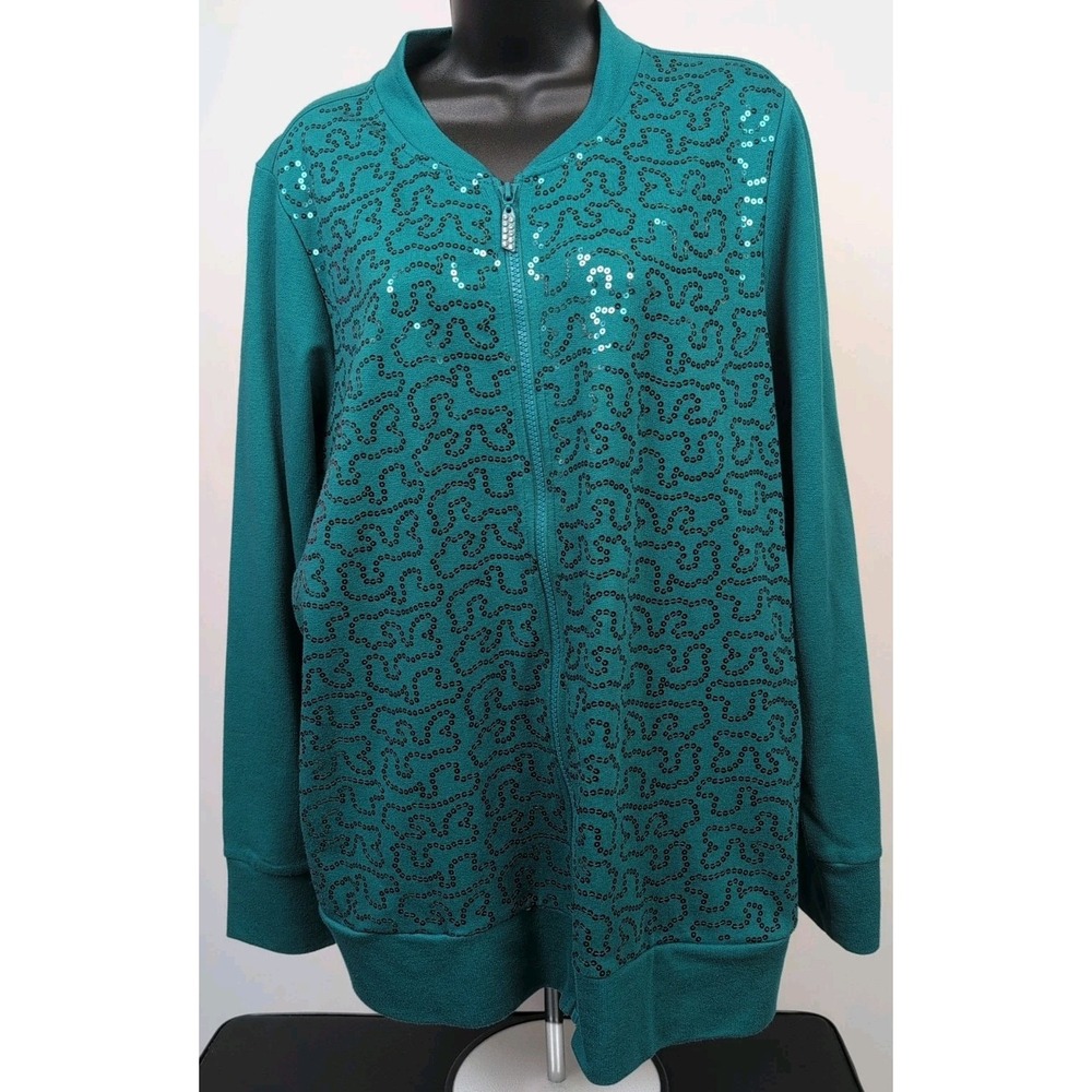 Quacker Factory Zip Up Jacket Sequins Teal Size Large - Picture 2 of 7